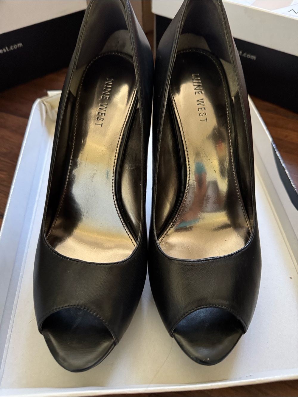 Nine West Black Peep-Toe Leather Pumps